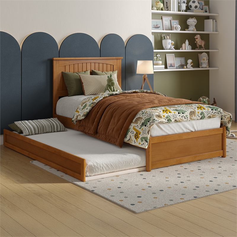 Malta Twin Wood Platform Bed with Panel Footboard & Twin Trundle in Light Toffee