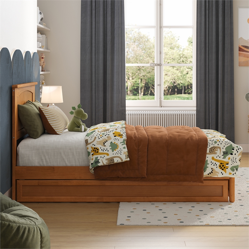 Malta Twin Wood Platform Bed with Panel Footboard & Twin Trundle in Light Toffee
