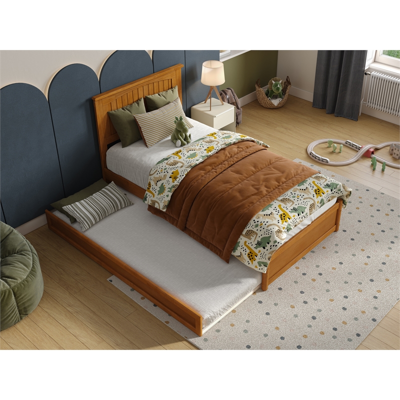 Malta Twin Wood Platform Bed with Panel Footboard & Twin Trundle in Light Toffee