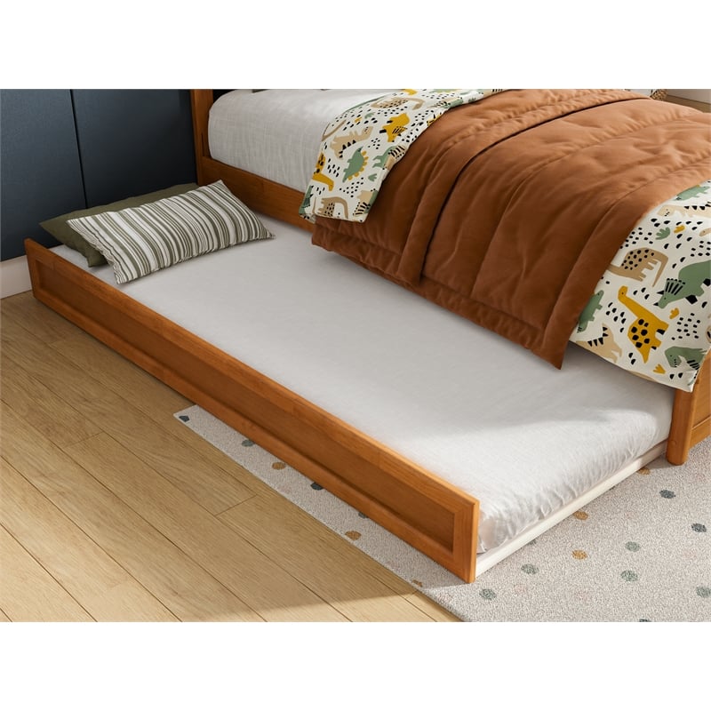 Malta Twin Wood Platform Bed with Panel Footboard & Twin Trundle in Light Toffee