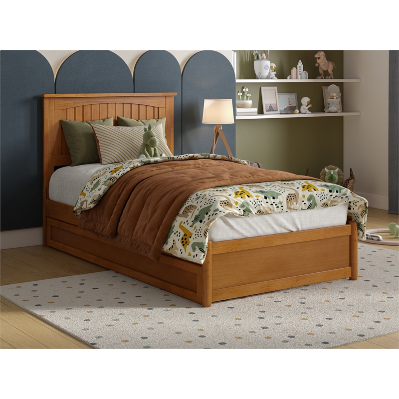 Malta Twin Wood Platform Bed with Panel Footboard & Twin Trundle in Light Toffee