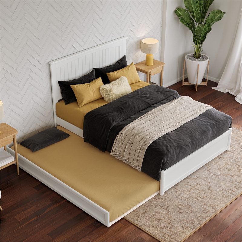 Malta Full Wood Platform Bed with Panel Footboard and Twin Trundle in White