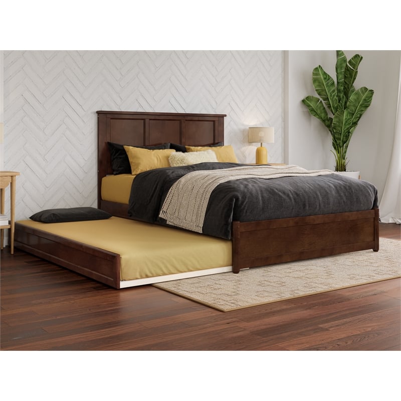 Malta Full Wood Platform Bed with Panel Footboard and Twin Trundle in Walnut