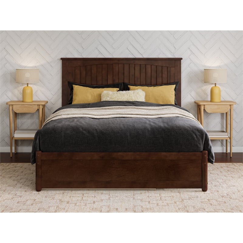 Malta Full Wood Platform Bed with Panel Footboard and Twin Trundle in Walnut