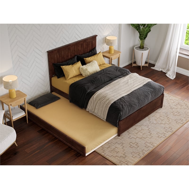 Malta Full Wood Platform Bed with Panel Footboard and Twin Trundle in Walnut