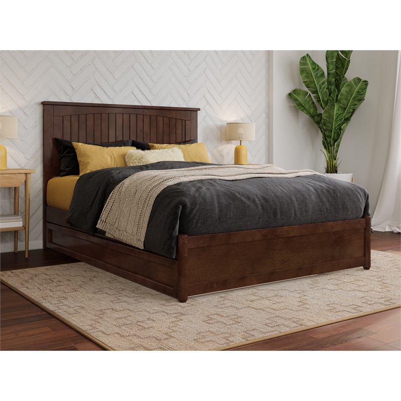 Malta Full Wood Platform Bed with Panel Footboard and Twin Trundle in Walnut