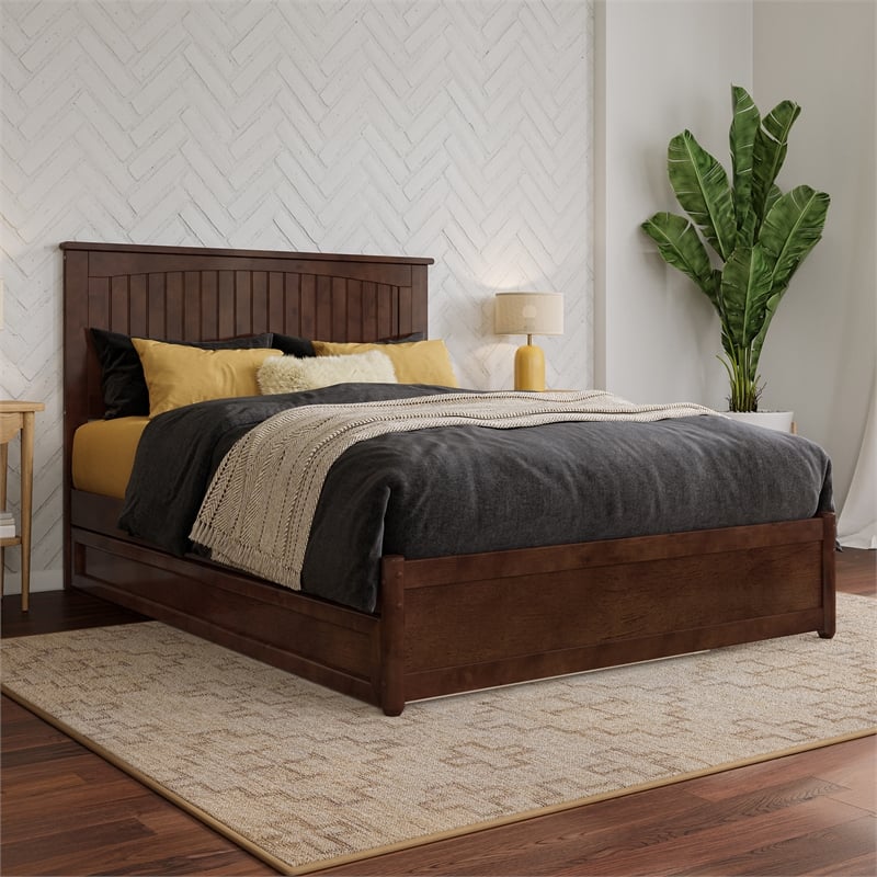 Malta Full Wood Platform Bed with Panel Footboard and Twin Trundle in Walnut