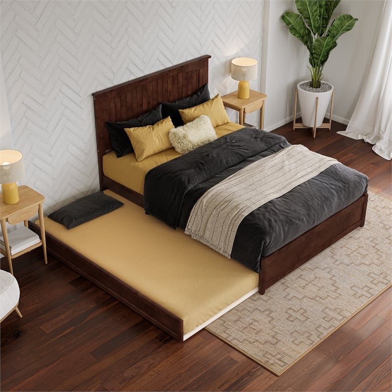 Malta Full Wood Platform Bed with Panel Footboard and Twin Trundle in Walnut