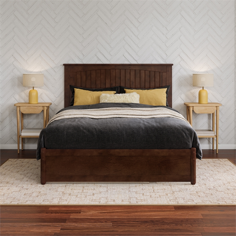 Malta Full Wood Platform Bed with Panel Footboard and Twin Trundle in Walnut