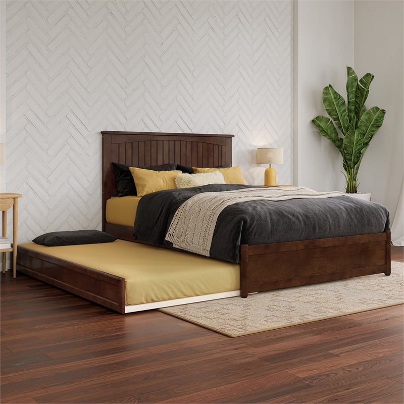 Malta Full Wood Platform Bed with Panel Footboard and Twin Trundle in Walnut