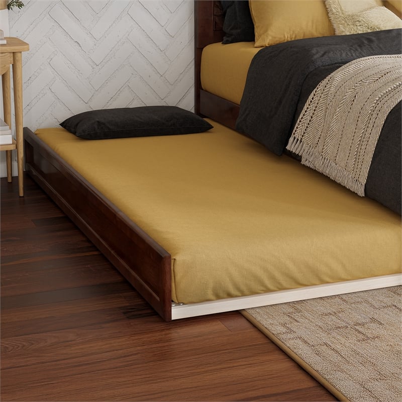 Malta Full Wood Platform Bed with Panel Footboard and Twin Trundle in Walnut