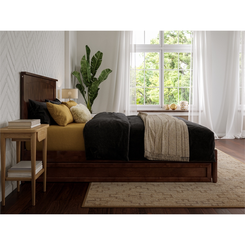 Malta Full Wood Platform Bed with Panel Footboard and Twin Trundle in Walnut