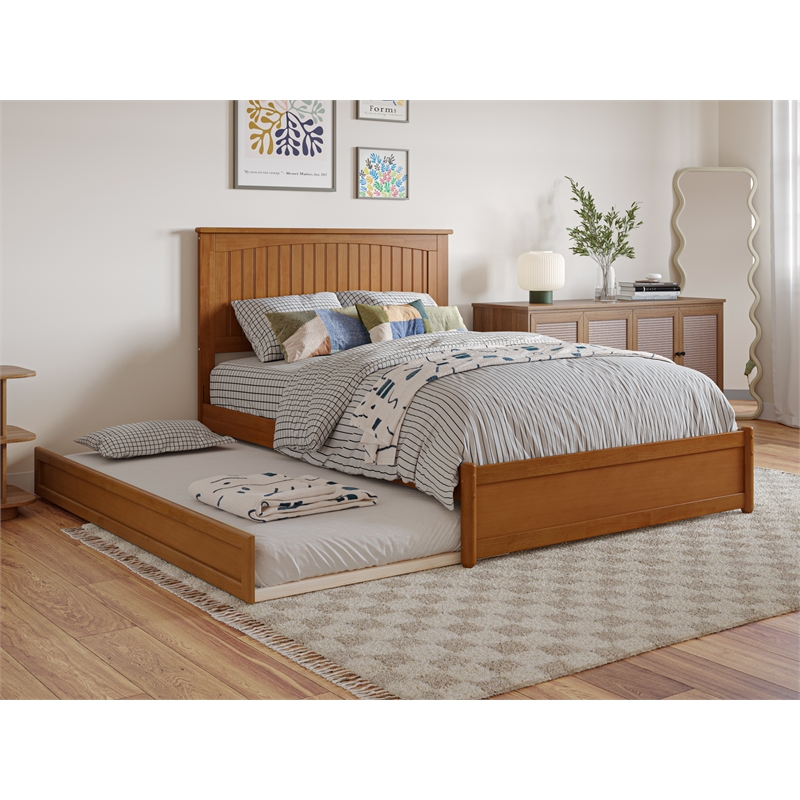 Malta Full Wood Platform Bed with Panel Footboard & Twin Trundle in Light Toffee
