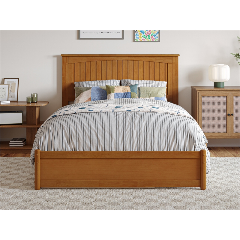 Malta Full Wood Platform Bed with Panel Footboard & Twin Trundle in Light Toffee
