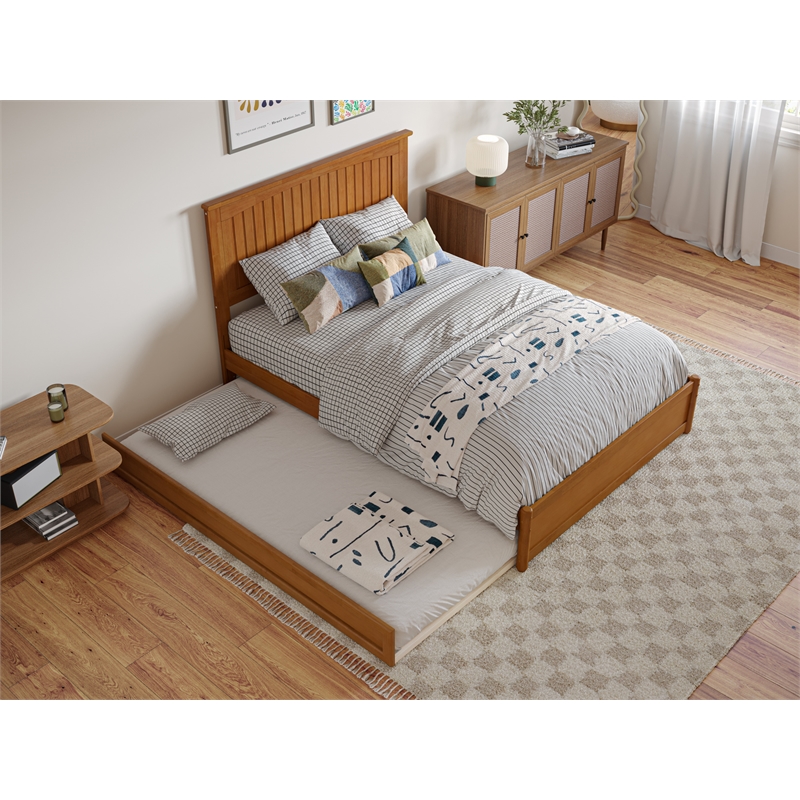Malta Full Wood Platform Bed with Panel Footboard & Twin Trundle in Light Toffee