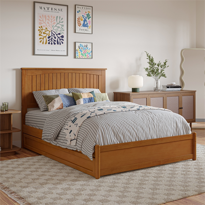 Malta Full Wood Platform Bed with Panel Footboard & Twin Trundle in Light Toffee