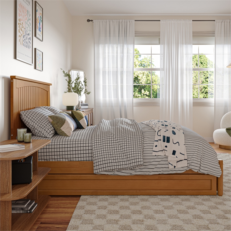 Malta Full Wood Platform Bed with Panel Footboard & Twin Trundle in Light Toffee