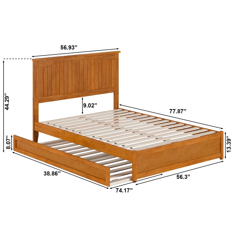 Malta Full Wood Platform Bed with Panel Footboard & Twin Trundle in Light Toffee