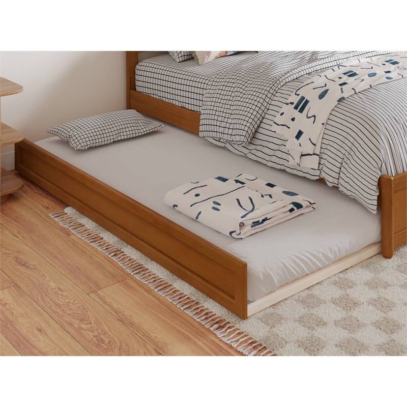 Malta Full Wood Platform Bed with Panel Footboard & Twin Trundle in Light Toffee