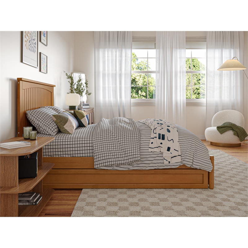 Malta Full Wood Platform Bed with Panel Footboard & Twin Trundle in Light Toffee