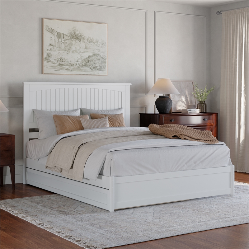 Malta Queen Wood Platform Bed with Panel Footboard and Twin XL Trundle in White