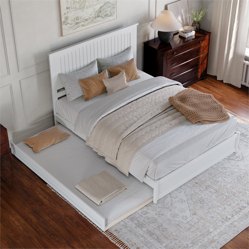 Malta Queen Wood Platform Bed with Panel Footboard and Twin XL Trundle in White