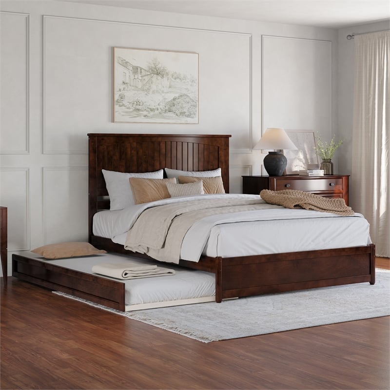 Malta Queen Wood Platform Bed with Panel Footboard and Twin XL Trundle in Walnut