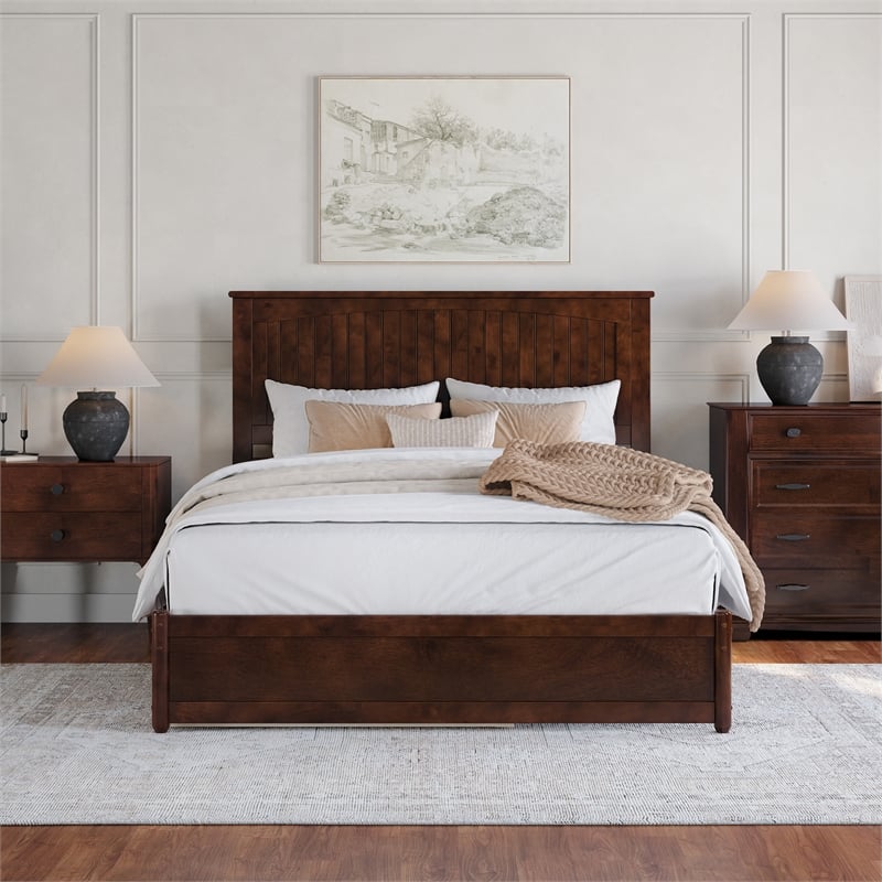 Malta Queen Wood Platform Bed with Panel Footboard and Twin XL Trundle in Walnut