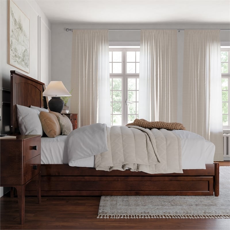 Malta Queen Wood Platform Bed with Panel Footboard and Twin XL Trundle in Walnut