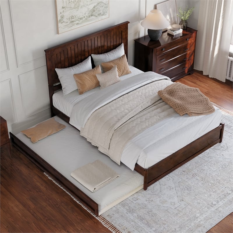 Malta Queen Wood Platform Bed with Panel Footboard and Twin XL Trundle in Walnut