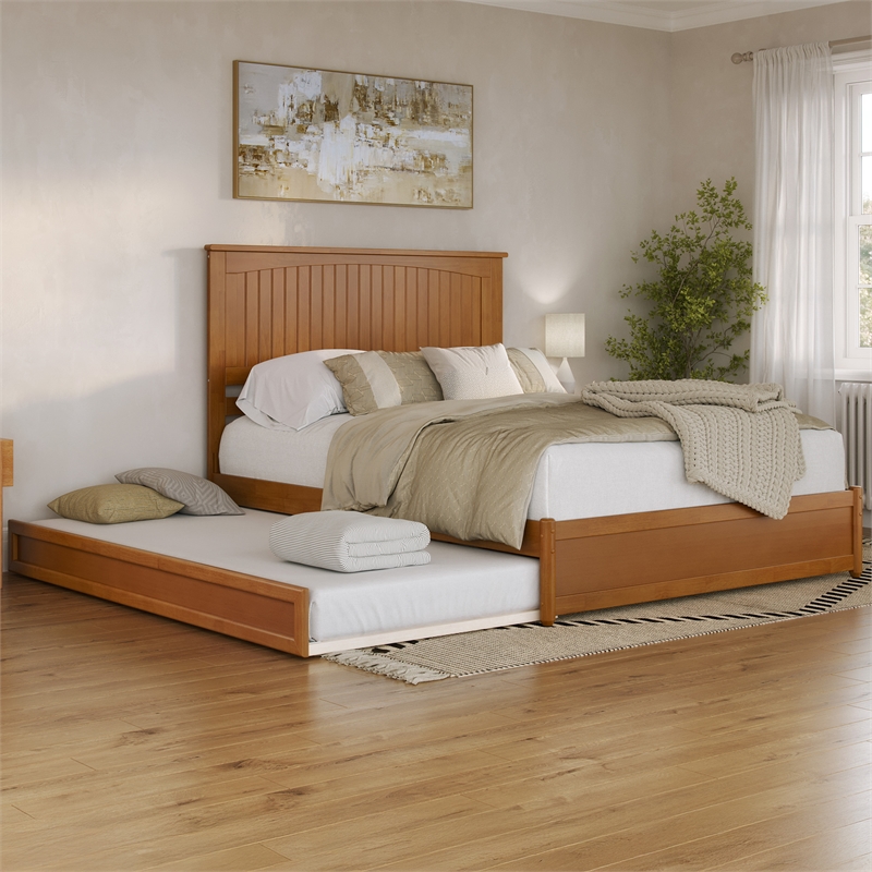Malta Queen Wood Platform Bed with Panel Footboard & TXL Trundle in Light Toffee