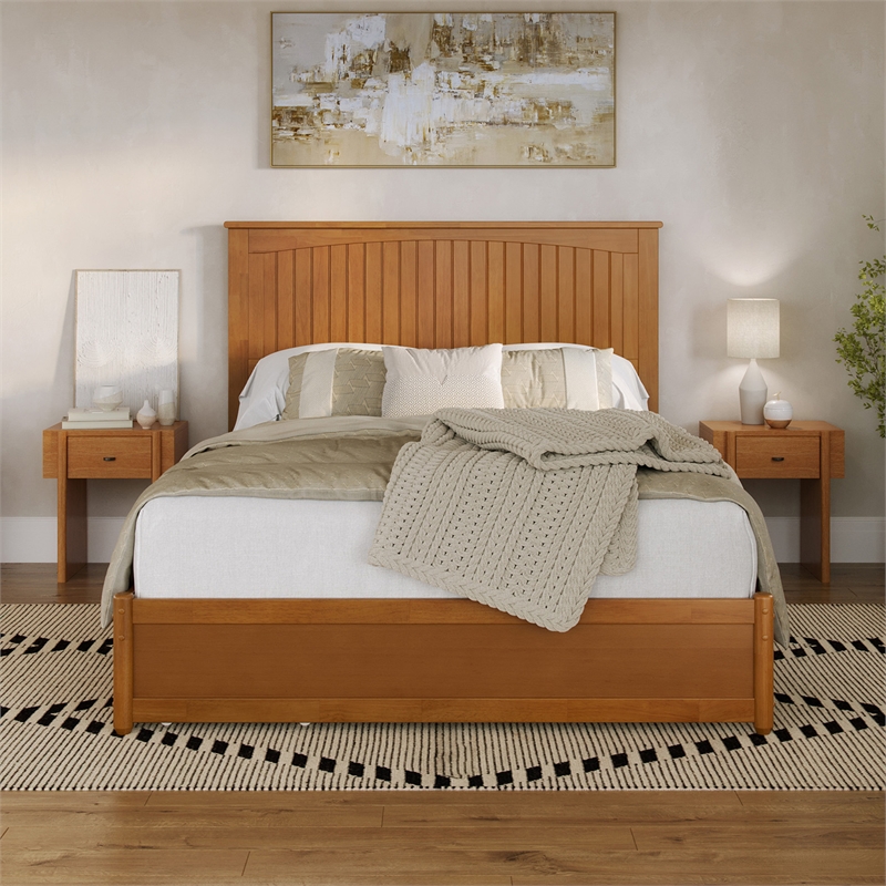 Malta Queen Wood Platform Bed with Panel Footboard & TXL Trundle in Light Toffee