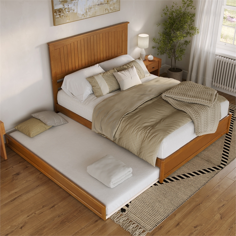 Malta Queen Wood Platform Bed with Panel Footboard & TXL Trundle in Light Toffee