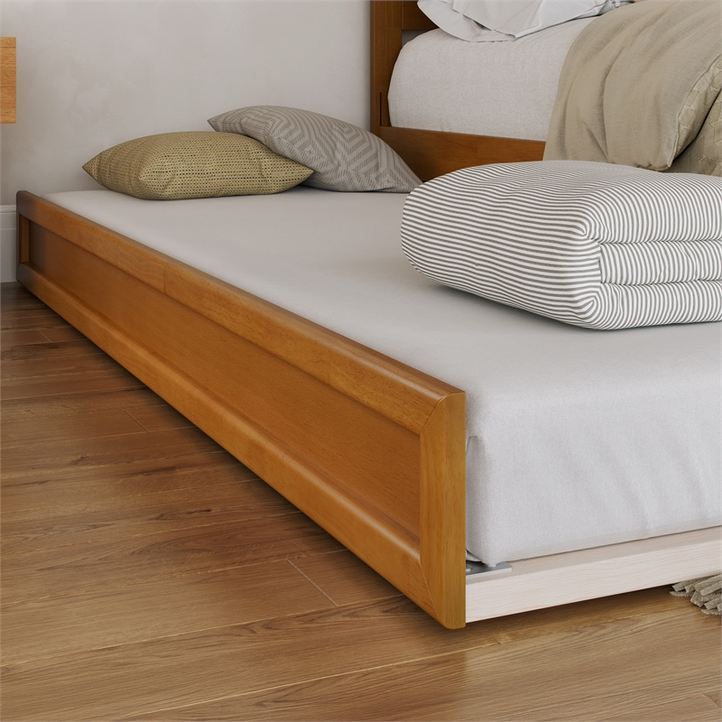 Malta Queen Wood Platform Bed with Panel Footboard & TXL Trundle in Light Toffee