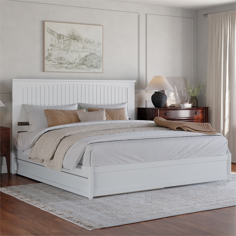 Malta King Wood Platform Bed with Panel Footboard and Twin XL Trundle in White