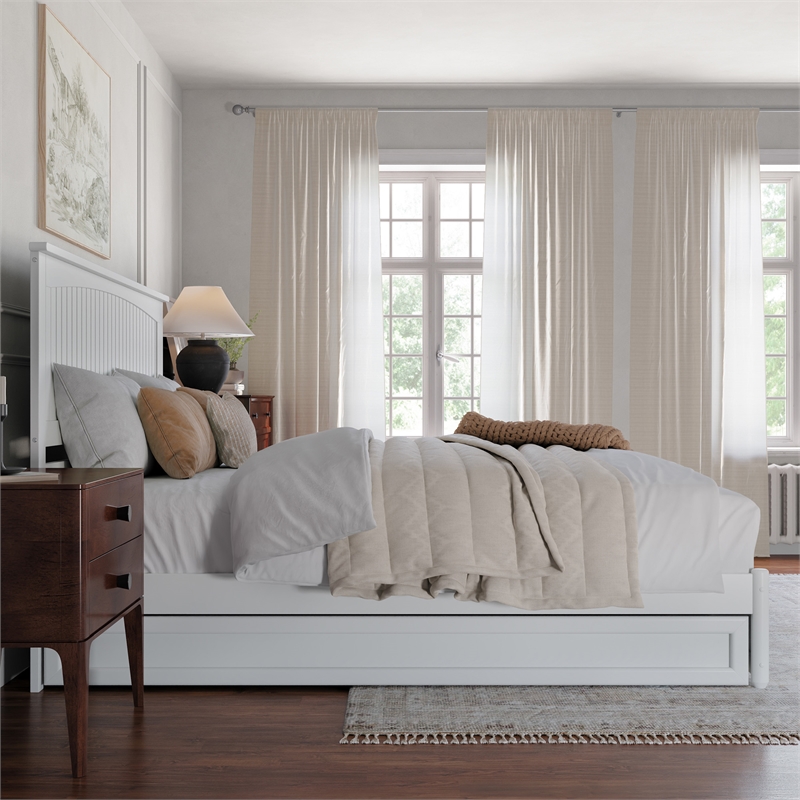 Malta King Wood Platform Bed with Panel Footboard and Twin XL Trundle in White