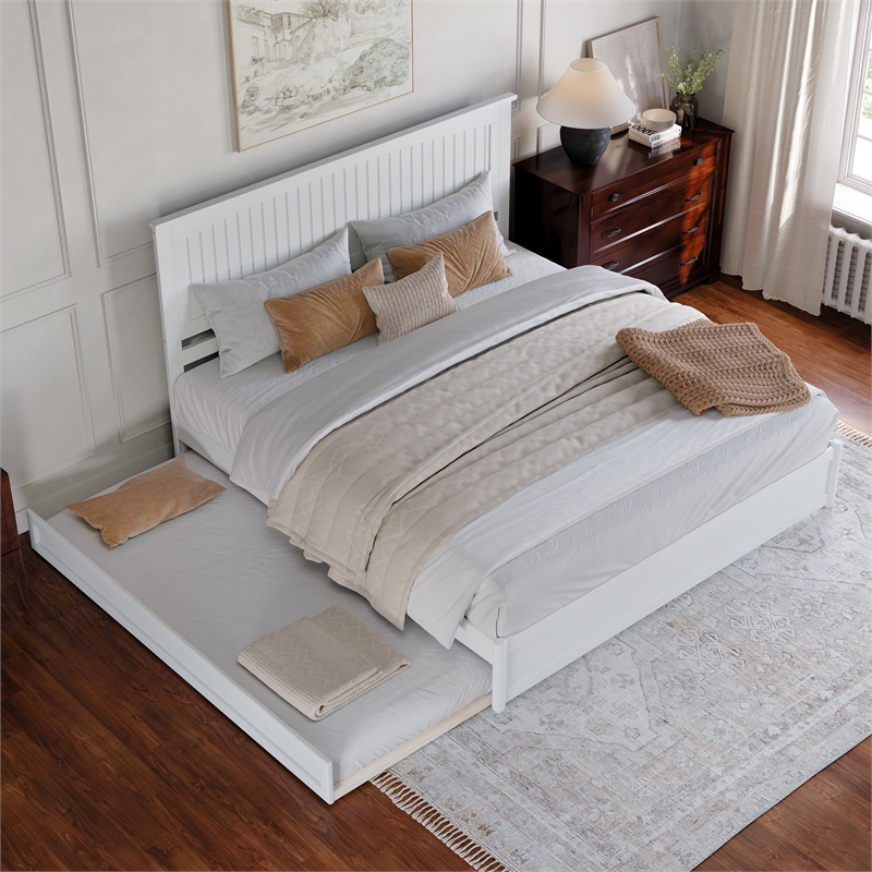 Malta King Wood Platform Bed with Panel Footboard and Twin XL Trundle in White