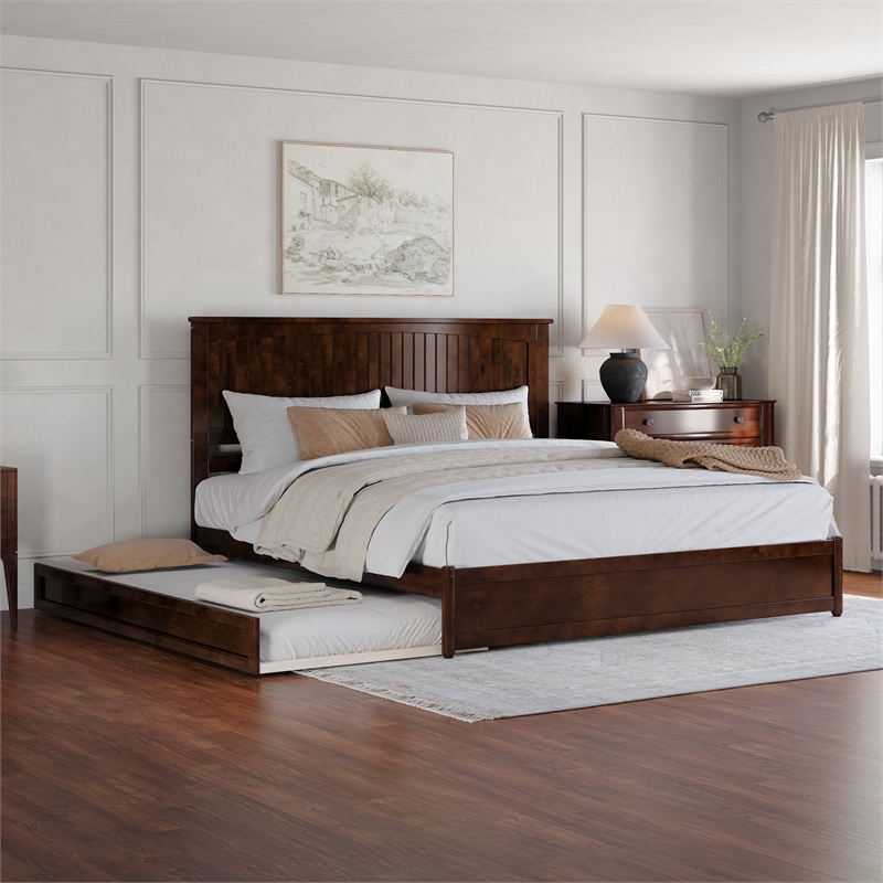 Malta King Wood Platform Bed with Panel Footboard and Twin XL Trundle in Walnut