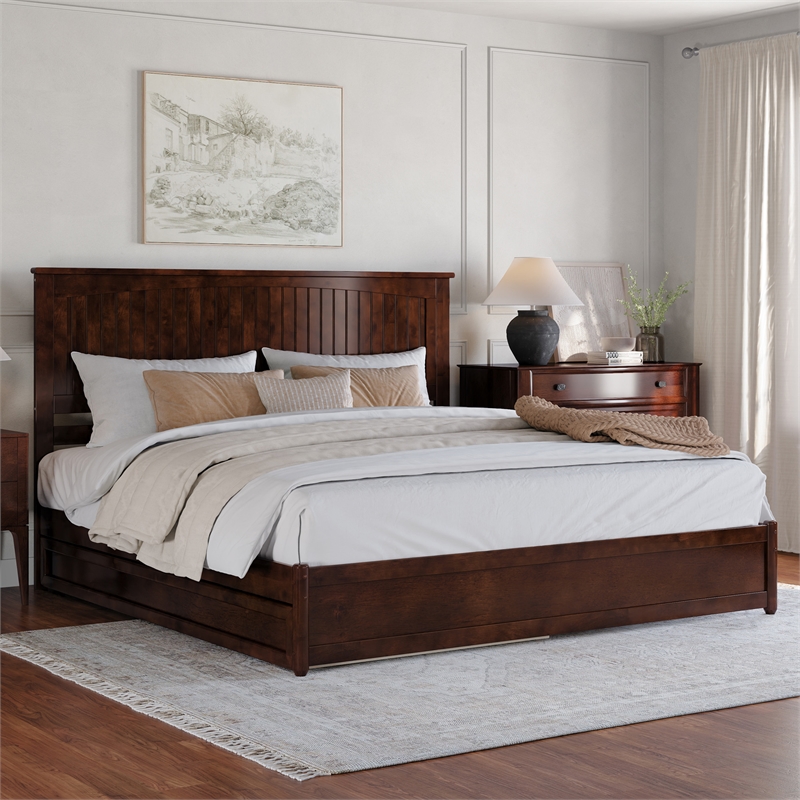 Malta King Wood Platform Bed with Panel Footboard and Twin XL Trundle in Walnut