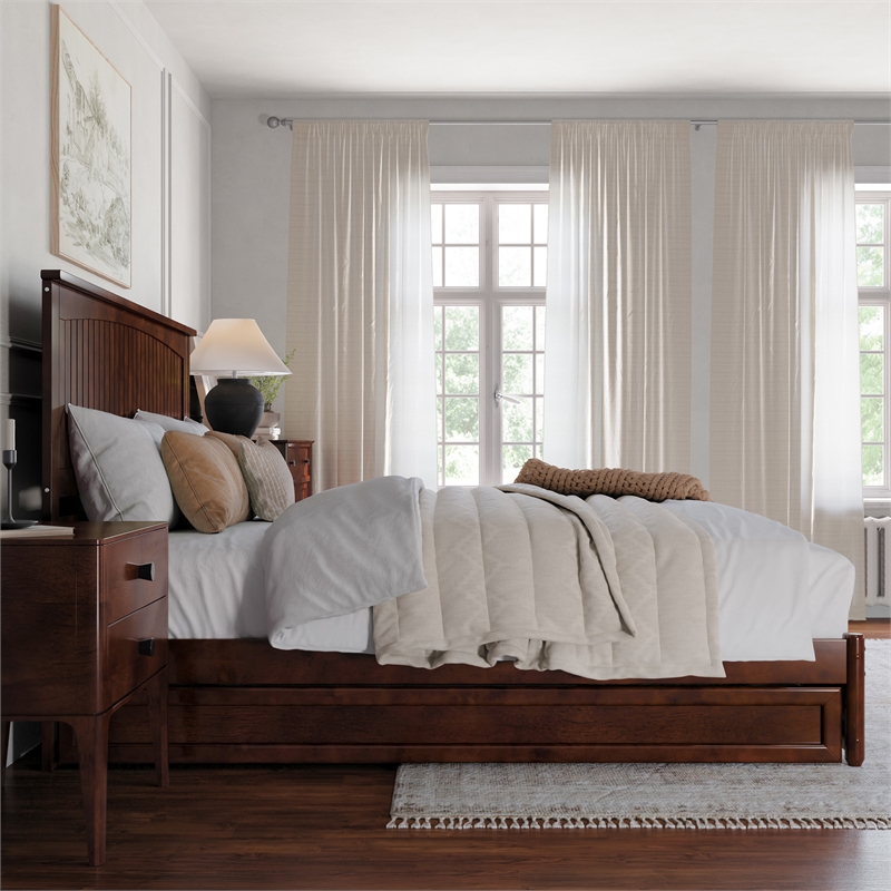 Malta King Wood Platform Bed with Panel Footboard and Twin XL Trundle in Walnut