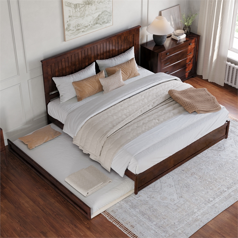Malta King Wood Platform Bed with Panel Footboard and Twin XL Trundle in Walnut