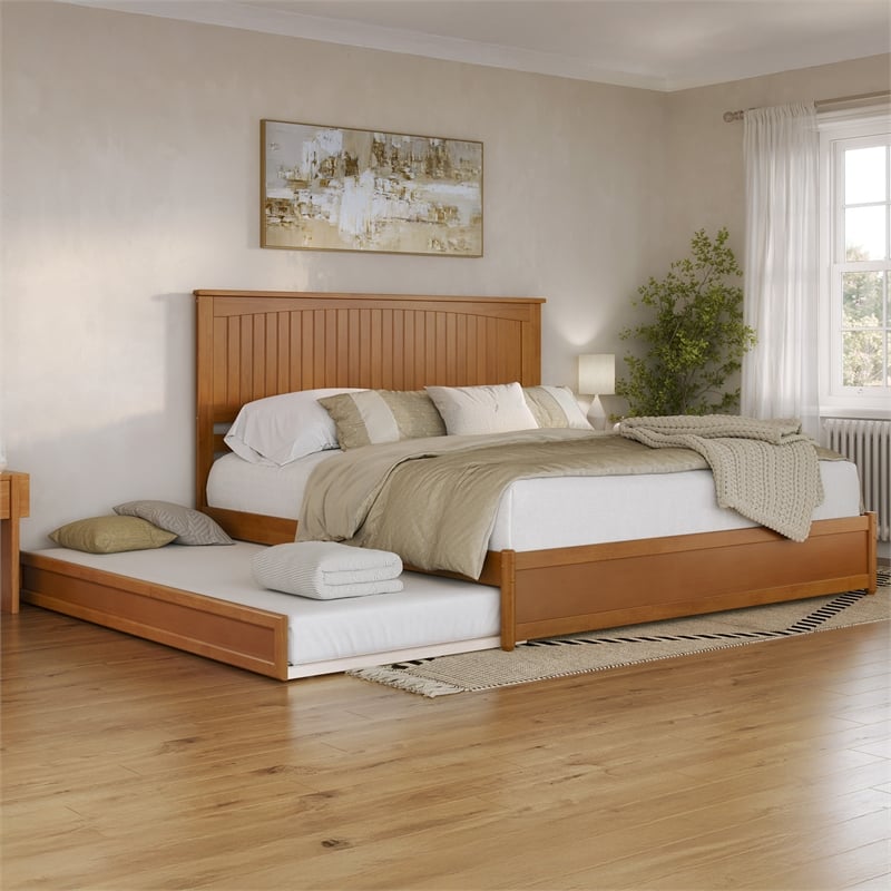 Malta King Wood Platform Bed with Panel Footboard & TXL Trundle in Light Toffee