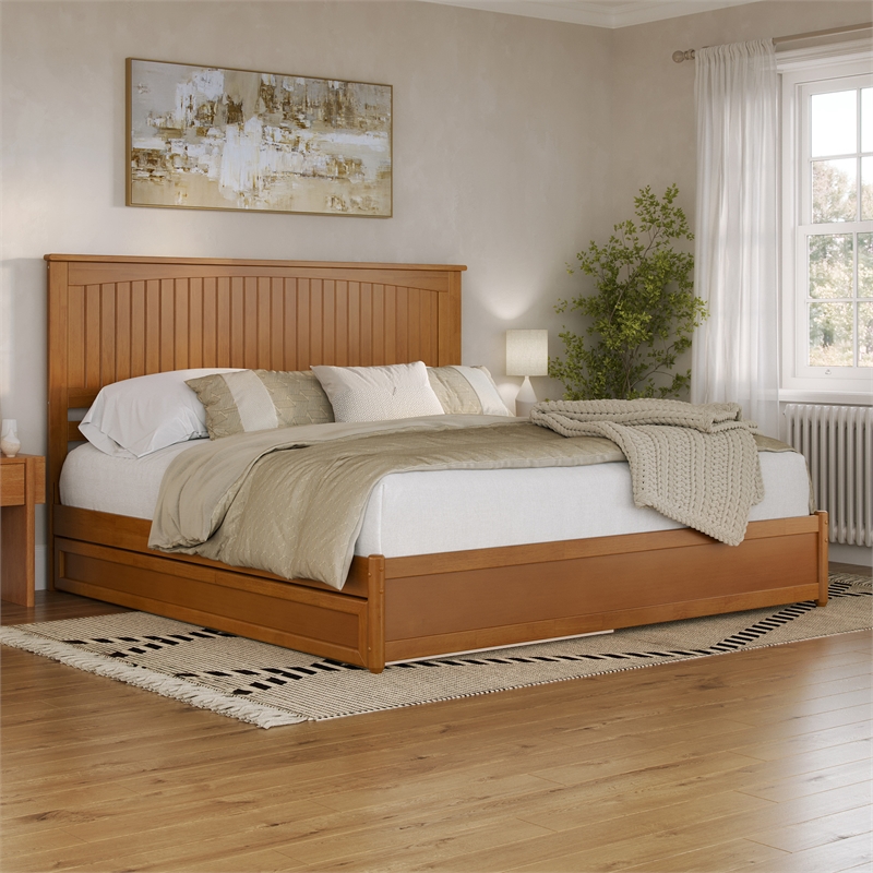 Malta King Wood Platform Bed with Panel Footboard & TXL Trundle in Light Toffee