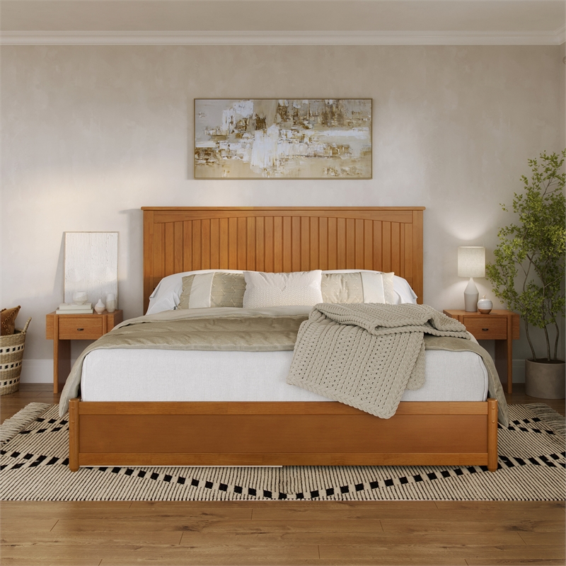 Malta King Wood Platform Bed with Panel Footboard & TXL Trundle in Light Toffee
