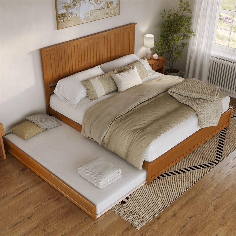 Malta King Wood Platform Bed with Panel Footboard & TXL Trundle in Light Toffee