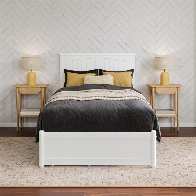 Malta Twin XL Wood Platform Bed with Panel Footboard & Storage Drawers in White
