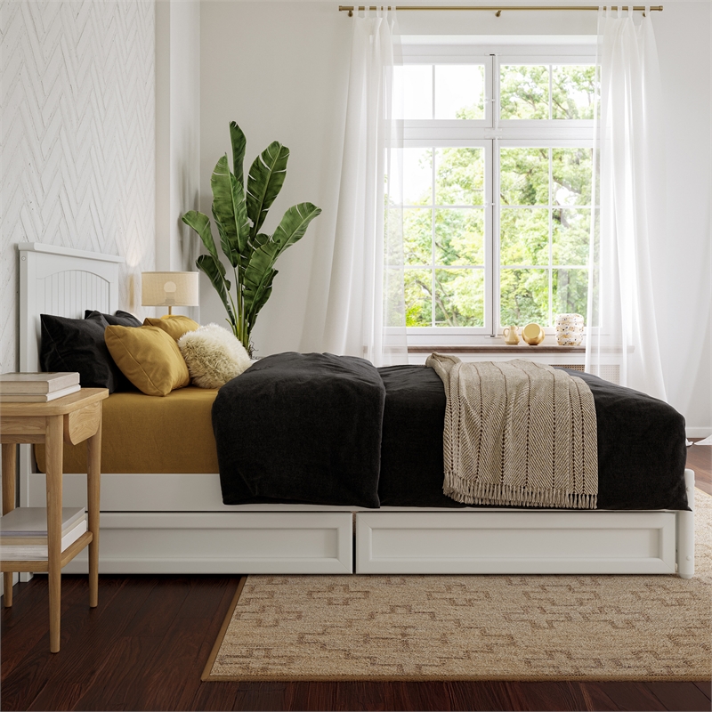 Malta Twin XL Wood Platform Bed with Panel Footboard & Storage Drawers in White