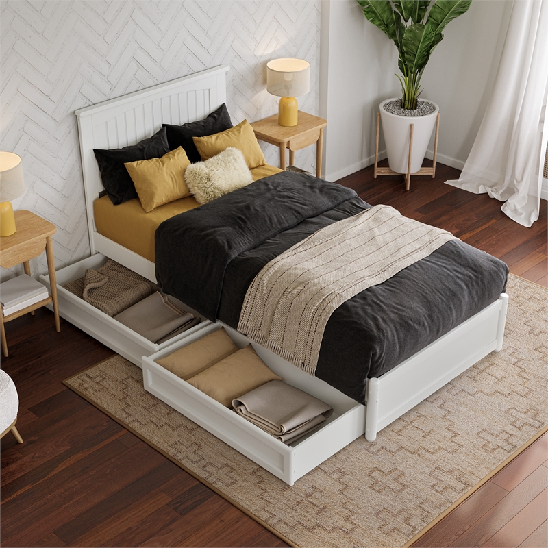 Malta Twin XL Wood Platform Bed with Panel Footboard & Storage Drawers in White