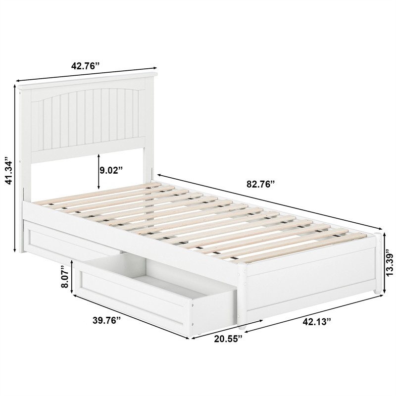 Malta Twin XL Wood Platform Bed with Panel Footboard & Storage Drawers in White