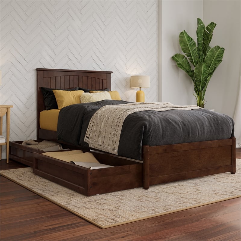 Malta Twin XL Wood Platform Bed with Panel Footboard & Storage Drawers in Walnut